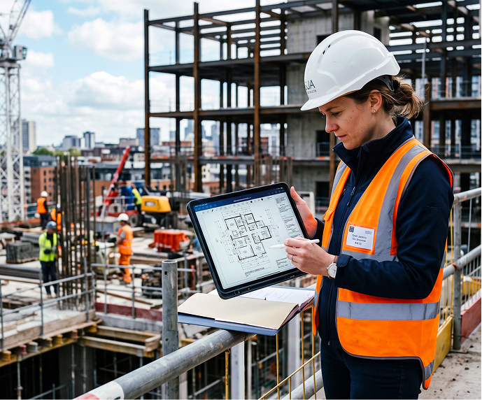Female construction engineer reviewing blueprint on tablet at building site
