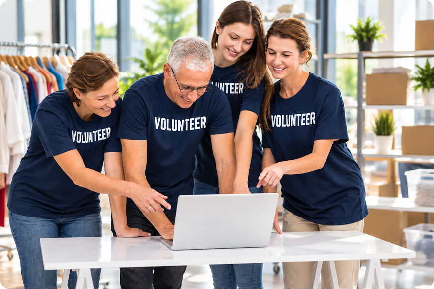 nonprofit volunteers in navy shirts collaborating around a laptop