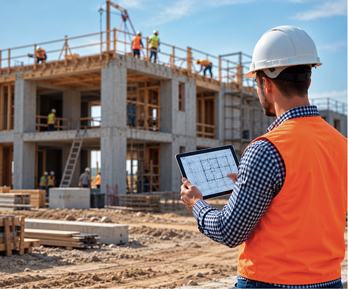 construction engineer reviewing blueprint on tablet at building site (5)